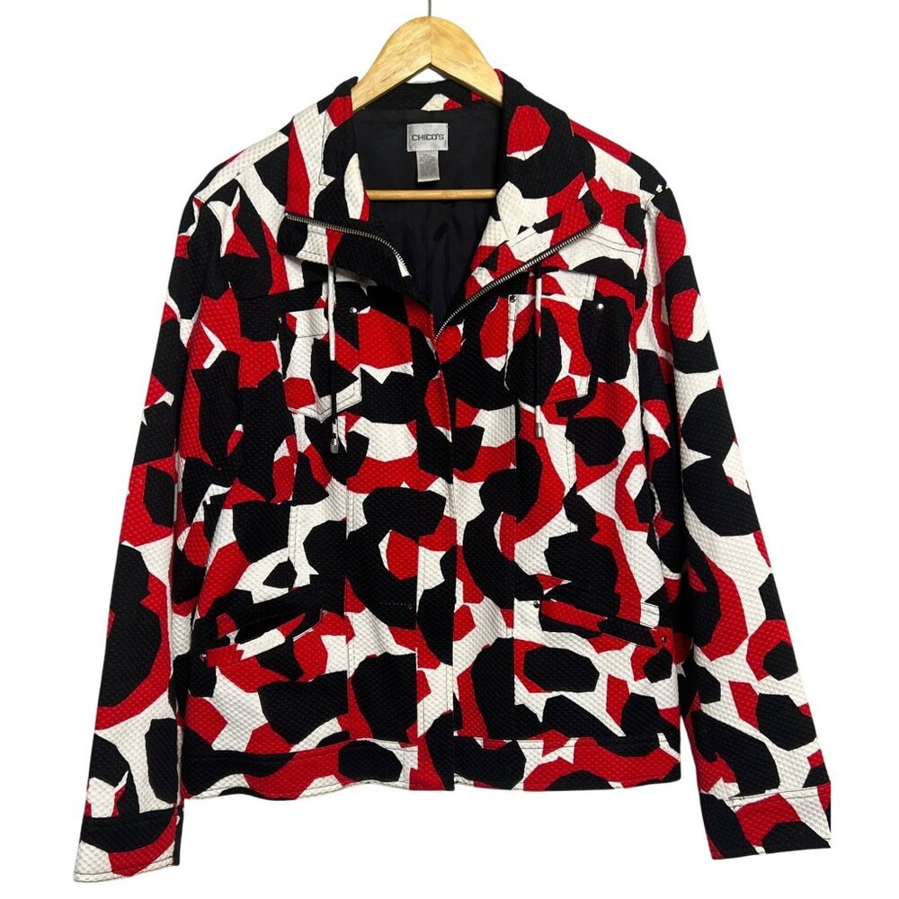 Chicos Victory Red Black White Abstract Jacket Size 3/XL Cotton Blend Boho flaw